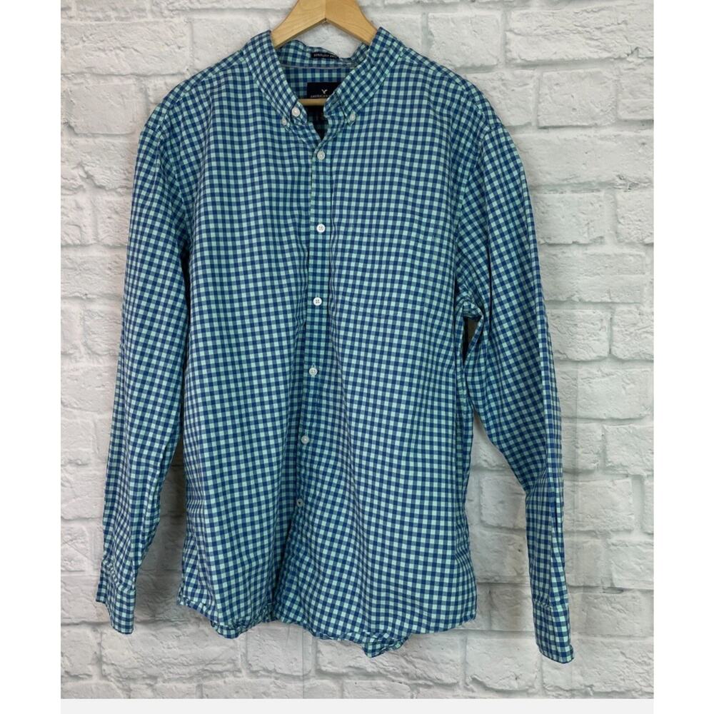 American Eagle Shirt Large Blue Gingham Plaid Button-Front Cotton Mens (T11) - Picture 1 of 4